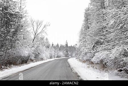 Eine Winterstraße im Land mit schneebedeckten Bäumen in Kanada Stockfoto