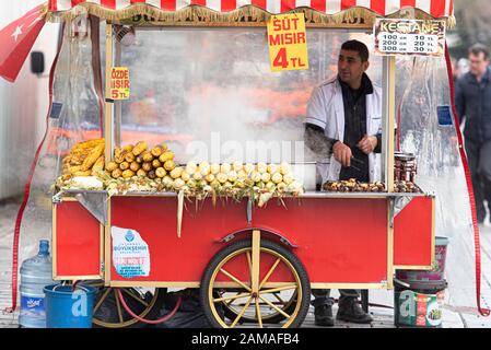 Istanbul - DEC 28: Verkäuferin von Kastanie und Mais im Sultanahmet District in Istanbul am 28. Dezember. 2019 in der Türkei Stockfoto