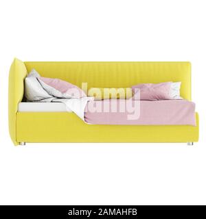 Kinderbett mit weicher, gelblicher Polsterung und weiß-rosa Bettwäsche auf weißem Hintergrund. 3D-Rendering Stockfoto