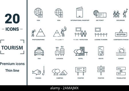 Tourismus Icon Set. Kreative Elemente Visa gehören, internationalen Reisepass, Fotografieren, Ausstellung, taxi Symbole. Kann für den Bericht verwendet, Präsentation. Stock Vektor