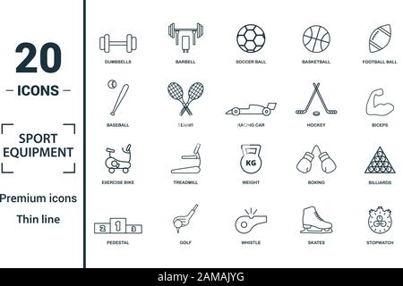 Sport Ausstattung Icon Set. Kreative Elemente Kurzhanteln gehören, Fußball, Baseball, Hockey, Heimtrainer Symbole. Kann für den Bericht verwendet werden. Stock Vektor
