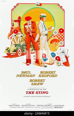 The Sting (1973) unter der Regie von George Roy Hill und mit Paul Newman, Robert Redford und Robert Shaw in den Hauptrollen. Verbrechen kapern um zwei Grifters, die sich zusammenfinden, um einen Mob-Boss zu betrügen. Stockfoto