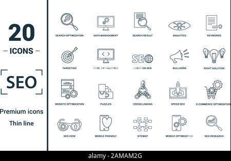 Seo Icon Set. Kreative Elemente Suche Optimierung gehören, Suchergebnis, richtige Lösung, code Optimierung, Website Optimierung Symbole. Kann verwendet werden Stock Vektor
