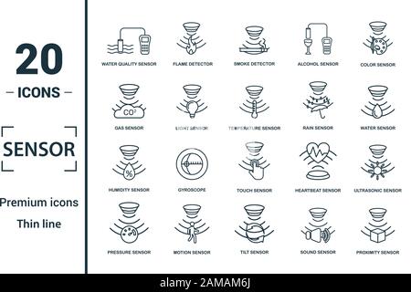 Sensor Symbol gesetzt. Kreative Elemente Wasser Qualität Sensor, Rauchmelder, Gas, Regensensor, Feuchtesensor Symbole. Kann für den Bericht verwendet werden. Stock Vektor