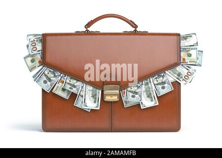 Aktentasche voller Dollar isoliert auf weißem Hintergrund. Bestechung, Korruption, Finanzkonzept des Börsenportfolios. 3D-Abbildung Stockfoto