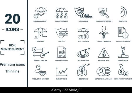 Risk Management Icon Set. Gehören kreative Elemente Risikomanagement, Risikokapital, risk Plan, Projektleiter, Projekt timeline Symbole. Kann verwendet werden für Stock Vektor