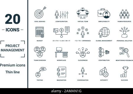 Projekt Management Icon Set. Gehören kreative Elemente Ziel sucht, dem virtuellen Team, Budget, global management, Team Zusammenhalt Symbole. Kann verwendet werden für Stock Vektor