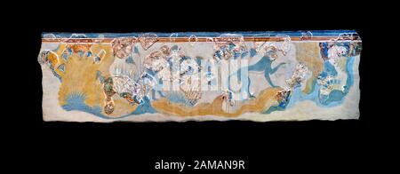 Minoische Wandkunst mit der Darstellung "Blauer Affen" aus dem Knossos-Palast, 1700-1450 v. Chr. Archäologisches Museum Heraklion. Schwarzer Hintergrund. Stockfoto