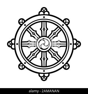 Dharmachakra (Dharma-Rad) Symbol im Buddhismus. Schwarz-weißes Strichsymbol, Tätowierdesign. Isolierte Grafik für Vektorclips. Stock Vektor