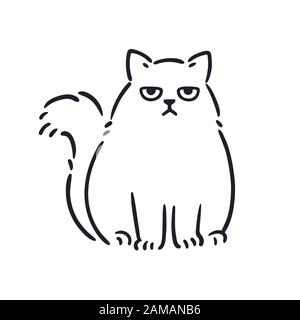 Cartoon-Zeichnung von mürrisch aussehender fetter Katze. Witzig ärgerte weiße Perserkatze, handgezeichnete Skizze. Isolierte Grafik für Vektorclips. Stock Vektor