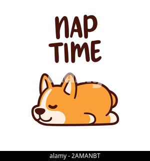 Niedlicher Cartoon corgi Welpe Schlafen mit Text Nap Zeit. Schmückende Schlafhundzeichnung, Vektorgrafiken. Stock Vektor