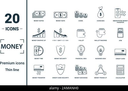 Geld Icon Set. Kreative Elemente geld Banknoten, Münzen, Geld Grafik nach oben, Brieftasche, Geld Zeit Symbole enthalten. Kann für den Bericht verwendet, Präsentation. Stock Vektor