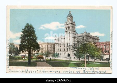 Portsmouth Square and Hall of Justice, San Francisco, Calif Postcard-Seriennummer: 8108 Letzte Serie mit dem Abdruck der Detroit Photographic Company; Portsmouth Square and Hall of Justice, San Francisco, Kalifornien. Stockfoto