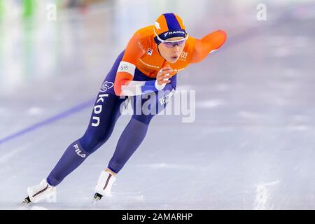 Heerenveen, Niederlande. Januar 2020. Heerenveen, Thialf Eisstadion, 12-01-2020, Saison 2019/2020, European Single Distanzen Meisterschaften. 1000-m-Damen Jutta Leerdam beim Spiel EC Single Distances 12-02-2020 Credit: Pro Shots/Alamy Live News Stockfoto