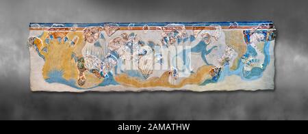 Minoische Wandkunst mit der Darstellung "Blauer Affen" aus dem Knossos-Palast, 1700-1450 v. Chr. Archäologisches Museum Heraklion. Grauer Hintergrund. Stockfoto