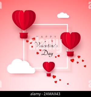 Valentinstag Grußkarte mit Papier geschnitten roten Herzform Luftballons fliegen. Luftballons fliegen und verlassen eine Spur mit Herzschmuck. Frohes Valentia Stock Vektor
