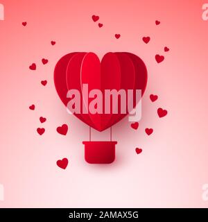 Valentinstag mit Papier geschnitten roter, herzförmiger Luftballon. Ballon fliegt und hinterlässt eine Spur mit Herzen. Vektorgrafiken Stock Vektor