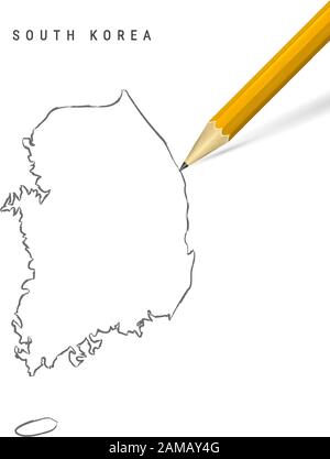 Südkoreas Skizzenkontur wurde auf weißem Hintergrund isoliert. Leere, handgezeichnete Vektorkarte von Südkorea. Realistischer 3D-Bleistift mit weichem Schatten. Stock Vektor