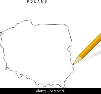 Poland Sketch Outline Map isoliert auf weißem Hintergrund. Leere, handgezeichnete Vektorkarte von Polen. Realistischer 3D-Bleistift mit weichem Schatten. Stock Vektor