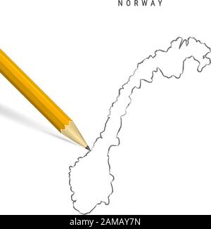 Skizzenkontur Norwegen auf weißem Hintergrund isoliert. Leere, handgezeichnete Vektorkarte Norwegens. Realistischer 3D-Bleistift mit weichem Schatten. Stock Vektor