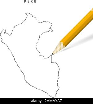 Peru Skizze Karte isoliert auf weißem Hintergrund. Leere, handgezeichnete Vektorkarte von Peru. Realistischer 3D-Bleistift mit weichem Schatten. Stock Vektor