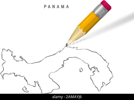 Panama-Skizze-Umrißkarte isoliert auf weißem Hintergrund. Leere, handgezeichnete Vektorkarte von Panama. Realistischer 3D-Bleistift mit weichem Schatten. Stock Vektor