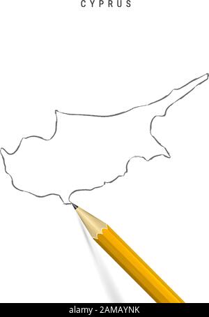 Zypern-Skizze-Umrisskarte isoliert auf weißem Hintergrund. Leere, handgezeichnete Vektorkarte Zyperns. Realistischer 3D-Bleistift mit weichem Schatten. Stock Vektor