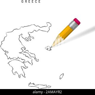 Griechenland Skizze Karte isoliert auf weißem Hintergrund. Leere, handgezeichnete Vektorkarte von Griechenland. Realistischer 3D-Bleistift mit weichem Schatten. Stock Vektor