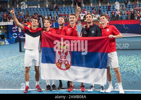 Serbien gewinnt beim ATP-Cup-Finale 2020 in der Ken Rosewall Arena, Sydney, Australien am 12. Januar 2020 den Cup 2:1 gegen Spanien. Foto von Peter Dovgan. Stockfoto