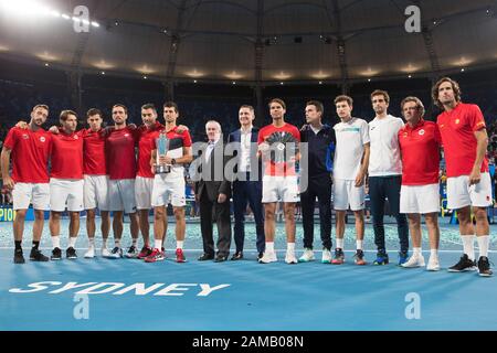 Serbien gewinnt beim ATP-Cup-Finale 2020 in der Ken Rosewall Arena, Sydney, Australien am 12. Januar 2020 den Cup 2:1 gegen Spanien. Foto von Peter Dovgan. Stockfoto