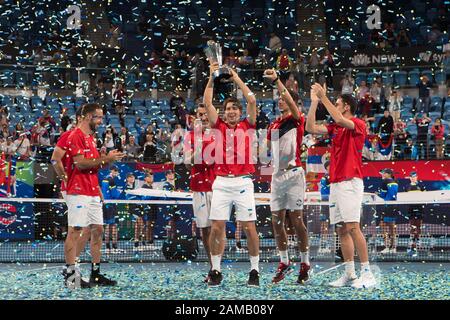 Serbien gewinnt beim ATP-Cup-Finale 2020 in der Ken Rosewall Arena, Sydney, Australien am 12. Januar 2020 den Cup 2:1 gegen Spanien. Foto von Peter Dovgan. Stockfoto