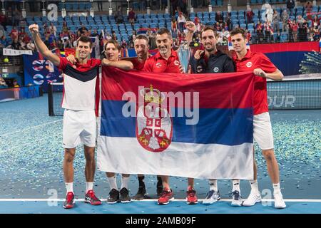 Serbien gewinnt beim ATP-Cup-Finale 2020 in der Ken Rosewall Arena, Sydney, Australien am 12. Januar 2020 den Cup 2:1 gegen Spanien. Foto von Peter Dovgan. Stockfoto