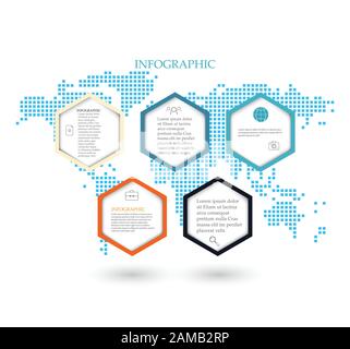 Business Template Infographics.The Five Hexagons on the Background Map of the World. Stock Vektor