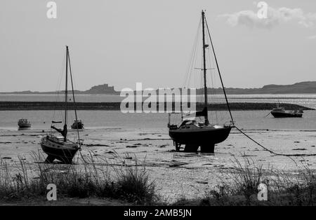 Blick von Holy Island auf ein entferntes Bamburgh Castle an der Küste von Northumberland mit Yachten im kleinen Hafen Stockfoto