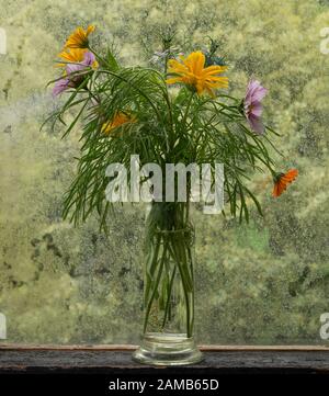 Vase frischer sommerlicher Gartenblumen am Rand vor grünem Hintergrund Stockfoto