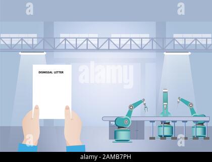 Arbeitsentlassung im Branchenkonzept. Emloyee hält Entlassung Lettr in seinen Händen. Innenraum der Industriehalle mit dem Fließbord-Aggregat von Robotern i Stock Vektor