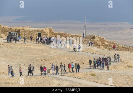 Touristen am Nordpalast, Festungsanlage, Ruinen von Masada, Totes Meer, Israel Stockfoto