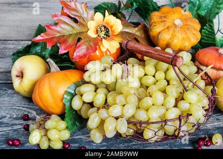 Grüne Trauben in einem Korb und reife Äpfel, rote Preiselbeeren, orangefarbene Zierkürbis und Kürbis mit Blättern auf dem Holzhintergrund Stockfoto