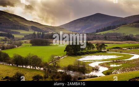 Der River Tweed überschwemmt Felder nach starkem Regen in der Nähe von Broughton in den schottischen Grenzen Stockfoto