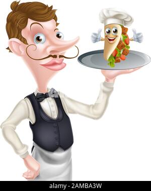 Cartoon Kellner Butler Holding Kebab Mascot Stock Vektor