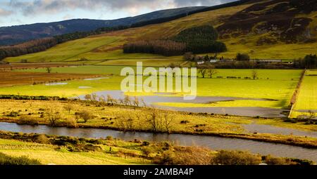 Der River Tweed überschwemmt Felder nach starkem Regen in der Nähe von Broughton in den schottischen Grenzen Stockfoto