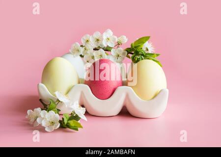 Bunte gelbe Eier mit Frühlingsblumen in Porzellanbox auf Rosa. Ostern. Frühling. Nahaufnahme. Stockfoto