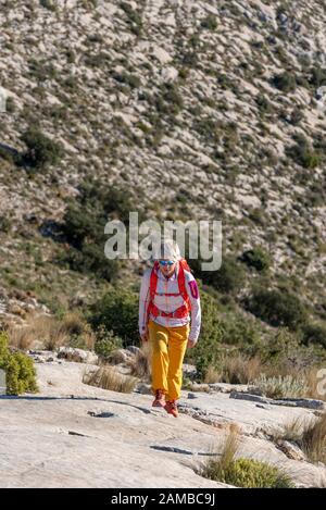 Frauen wandern auf dem ridgecrest hinauf auf den Hügel, den Berg El Divino, die Provinz Alicante, Costa Blanca, Spanien Stockfoto