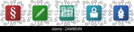 Satz von Absatz-, Justiz-, Ziehungs- und Dokumentsymbolen für Webdesign und mobile Anwendungen, cpu, Chip-Konzept-Vektordarstellung Stock Vektor