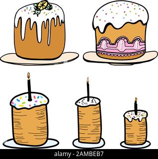 Auf weißem Hintergrund vereinzelte osterkuchen des Fröhlichen Ostersymbols. Paschalenkuchen auf Platte.Skizzenabbildung Vektor-Tinte. Dekorativer Cartoon Stock Vektor