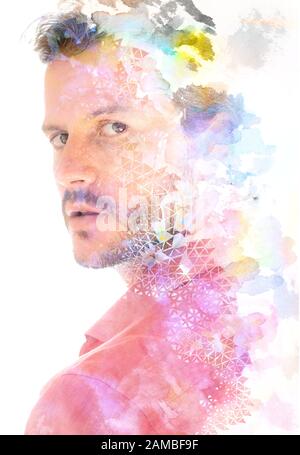 Paintography. Abstrakte Malerei mit einem Porträt kombiniert Stockfoto