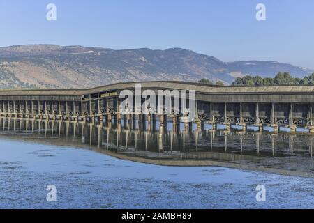 Holzstege zur Vogelbewachung, Naturschutzgebiet Hula, Israel Stockfoto