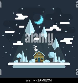 Winter Nacht Landschaft. Häuser auf dem Hintergrund der Berge. Vektor flachbild Abbildung. Stock Vektor
