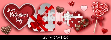 Valentinstagsbanner mit Schokoladenschachtel, Lollipop und Herzen Stockfoto