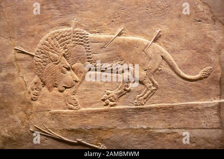 Sterbender Löwe, Pfeile in seinem Körper. Königlicher Löwe jagen Erleichterung aus dem assyrischen Palast bei Ninive. British Musuem, London. Stockfoto